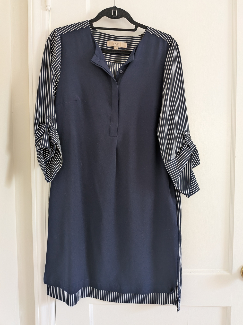 LOFT Navy Striped Roll Tab Sleeve Sheath Shift Dress Medium